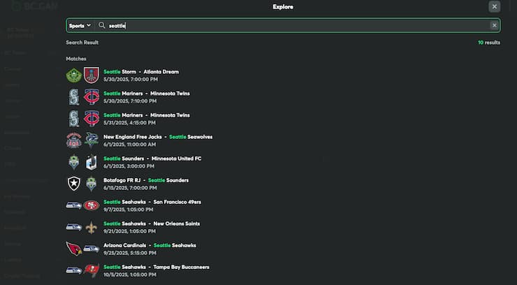 A view of the betting interface on BC Game, one of the best AK online sportsbooks.